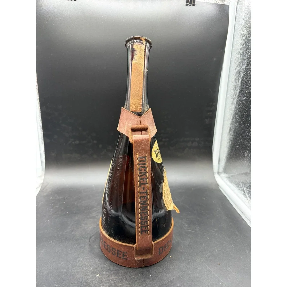 Vintage George Dickel Tennessee Whisky Powder Horn Amber Glass Bottle Leather